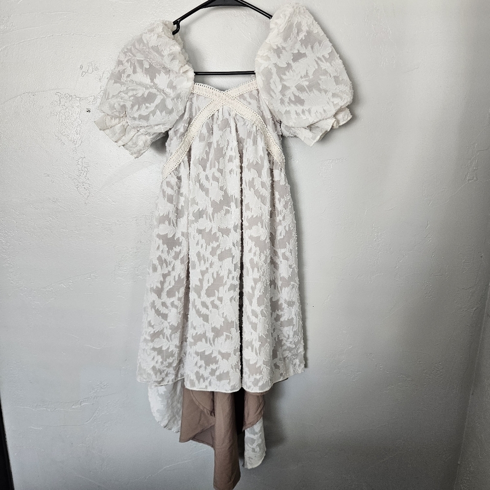 Mia Joy Joyfolie Girls 5 White Beige Jacquard Dress Puff Sleeves High Low Hem